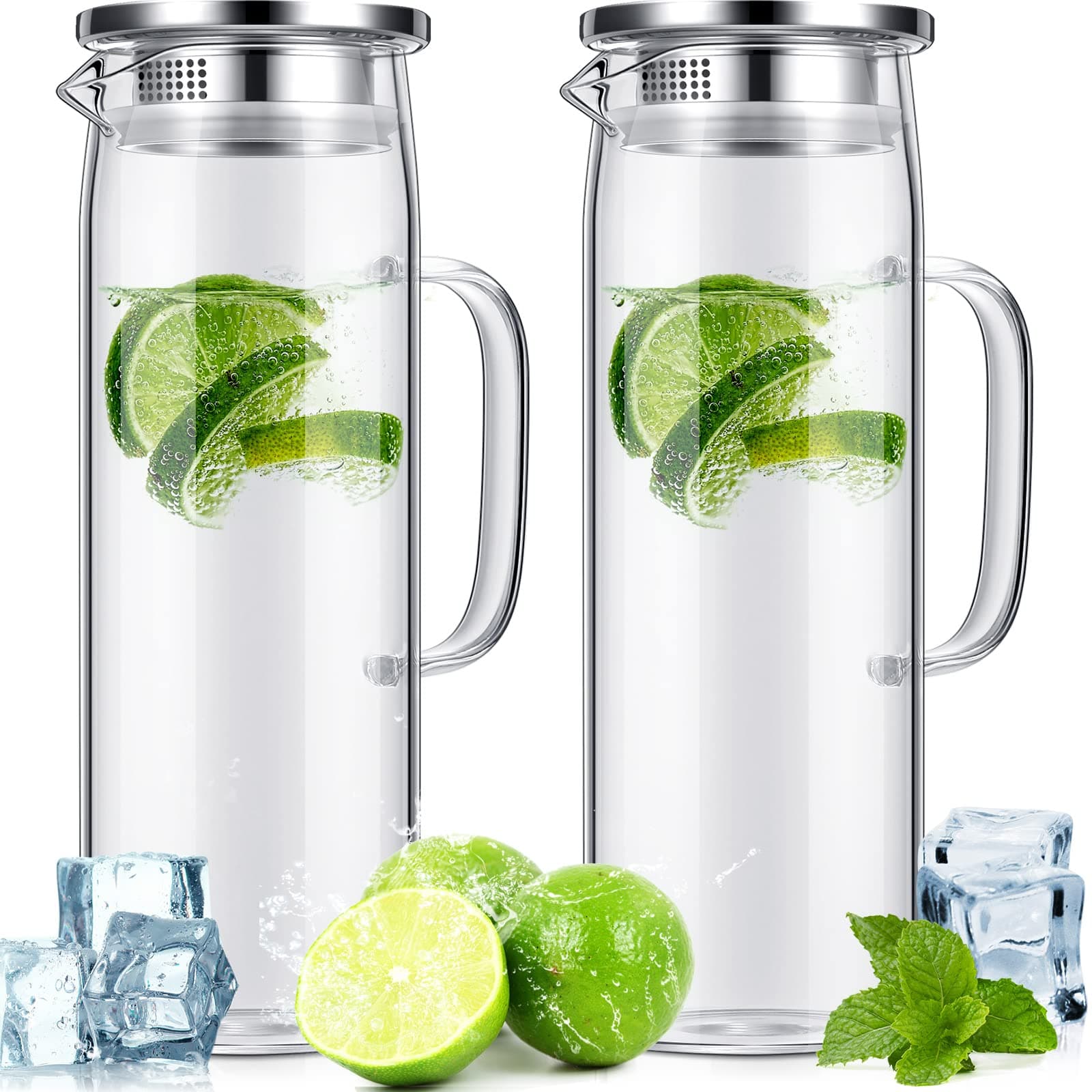 2 Pcs Glass Pitcher Water Pitcher Fridge with Lid and Handle Carafes and Pitchers Iced Tea Pitcher Hot Cold Water Heat Resistant Borosilicate Glass Jug for Water Juice Iced Tea (Stylish Style,50 Oz)