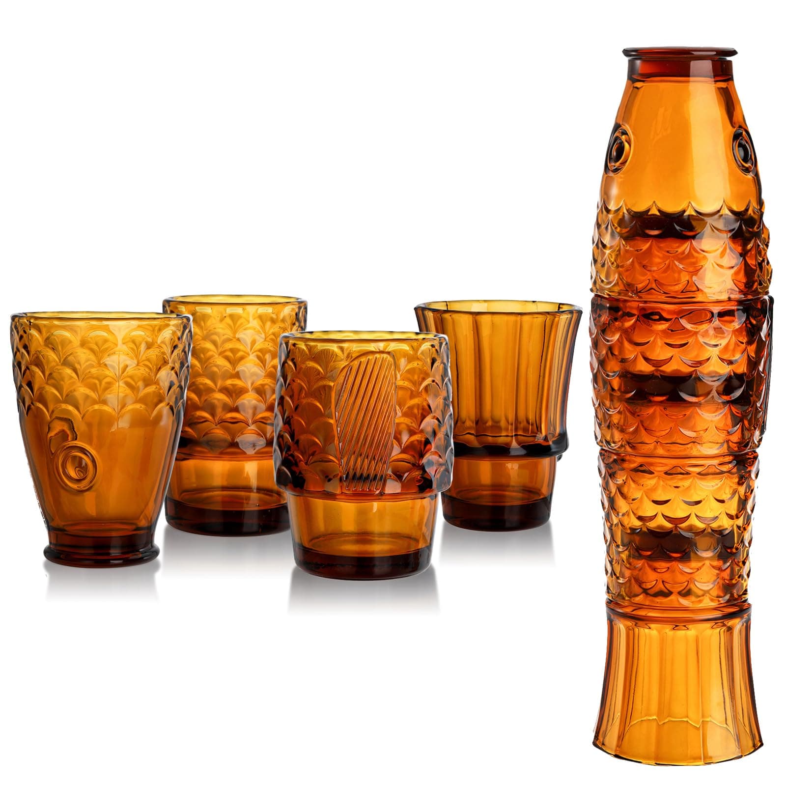 Frcctre Set of 4 Koi Fish Design Drinking Glasses, Stackable Amber Tumbler Glasses Beverage Cups Juice Tumblers Drinking Water Cups Nautical Glassware for Home, Party, Bar