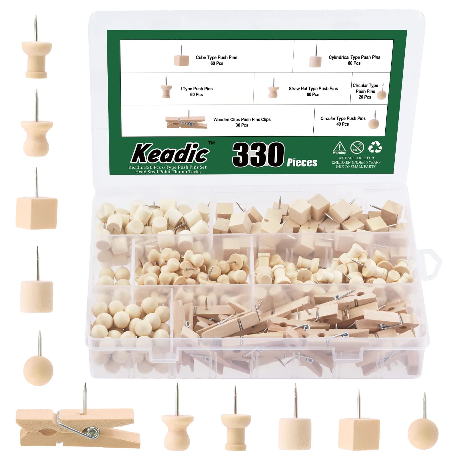 Keadic 330 Pcs 6 Type Push Pins Set Head Steel Point Thumb Tacks, Natural Wood Cork Pushpin for Documents, Photos, Maps, and Bulletin Boards (Square, Ball, Hat, Clips, I-Shaped, Cylinder)