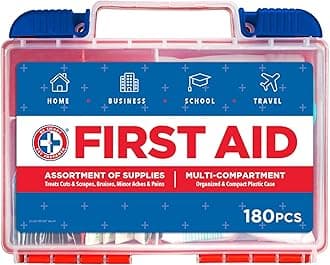 Be Smart Get Prepared180 Piece First Aid Kit: Clean, Treat, Protect Minor Cuts, Scrapes. Home, Office, Car, School, Business, Travel, Emergency, Survival, Hunting, Outdoor, Camping & Sports, FSA HSA