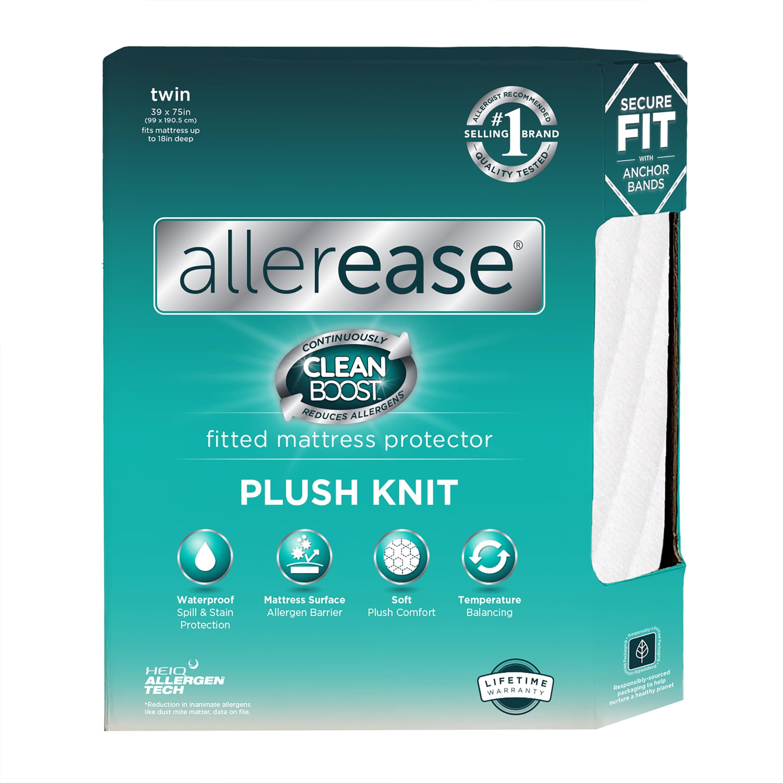 AllerEase CleanBoost Plush Knit Soft Waterproof Mattress Protector Twin Size Allergen Barrier Temperature Balancing Machine Washable Mattress Cover with Elastic Anchor Bands Mattress Cover (White)