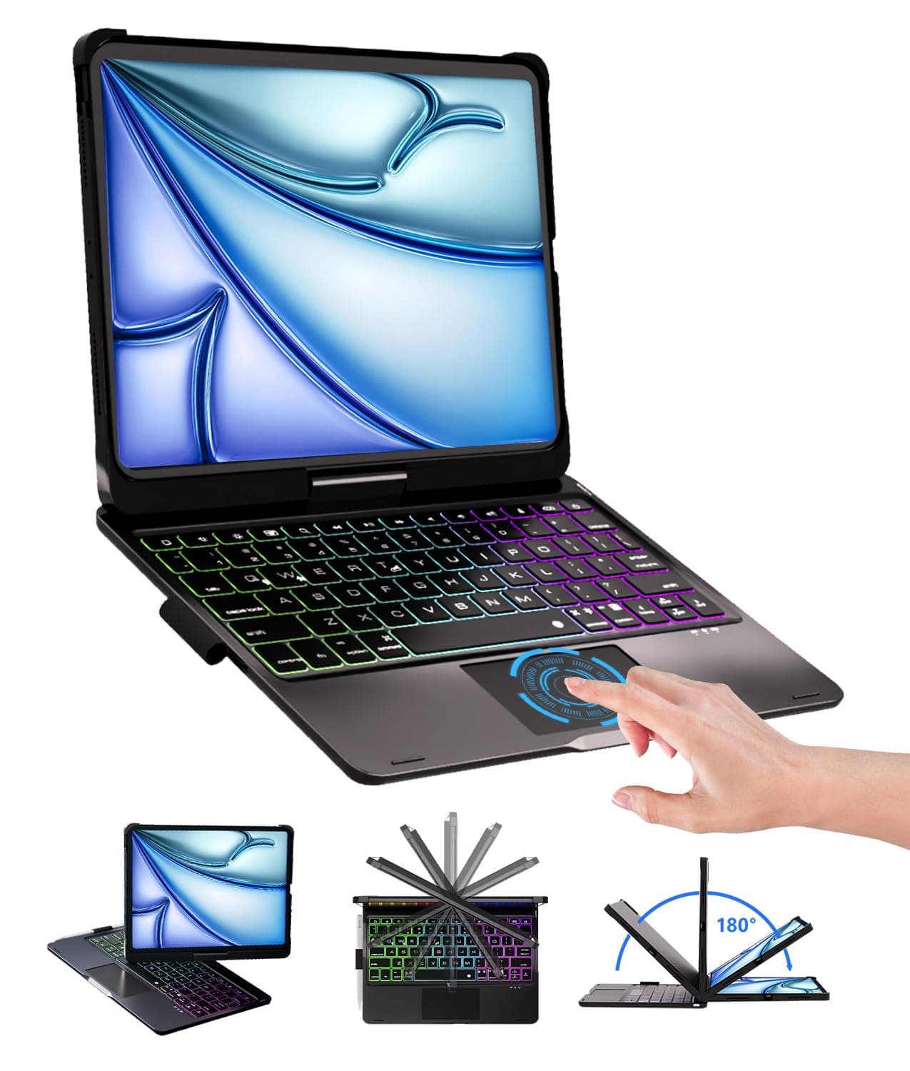 BABG for iPad 10th 11th (A16) Case with Keyboard&iPad Air 11(M4,M3,M2),360°Swivel,7 Use Modes,Rainbow Backlight Keyboard for iPad Pro 11(1st/2nd/3rd/4th Gen)&iPad Air 5th/Air 4th-Black