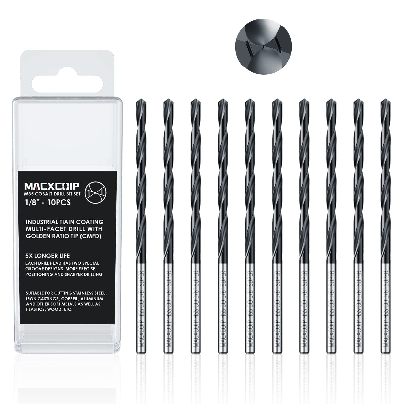 1/8" (10pcs) TiAIN Coating Cobalt Drill Bit Set, Multifacet Tip M35 High Speed Steel Bits for Hardened Metals, Stainless Steel, Cast Iron and Wooden Plastics, with Metal Index Storage Box