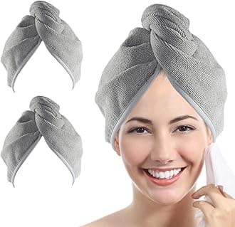 YoulerTex Microfiber Hair Towel Wrap for Women, 2 Pack 10 inch X 26 inch, Super Absorbent Quick Dry Hair Turban For Drying Curly, Long & Thick Hair(Gray)