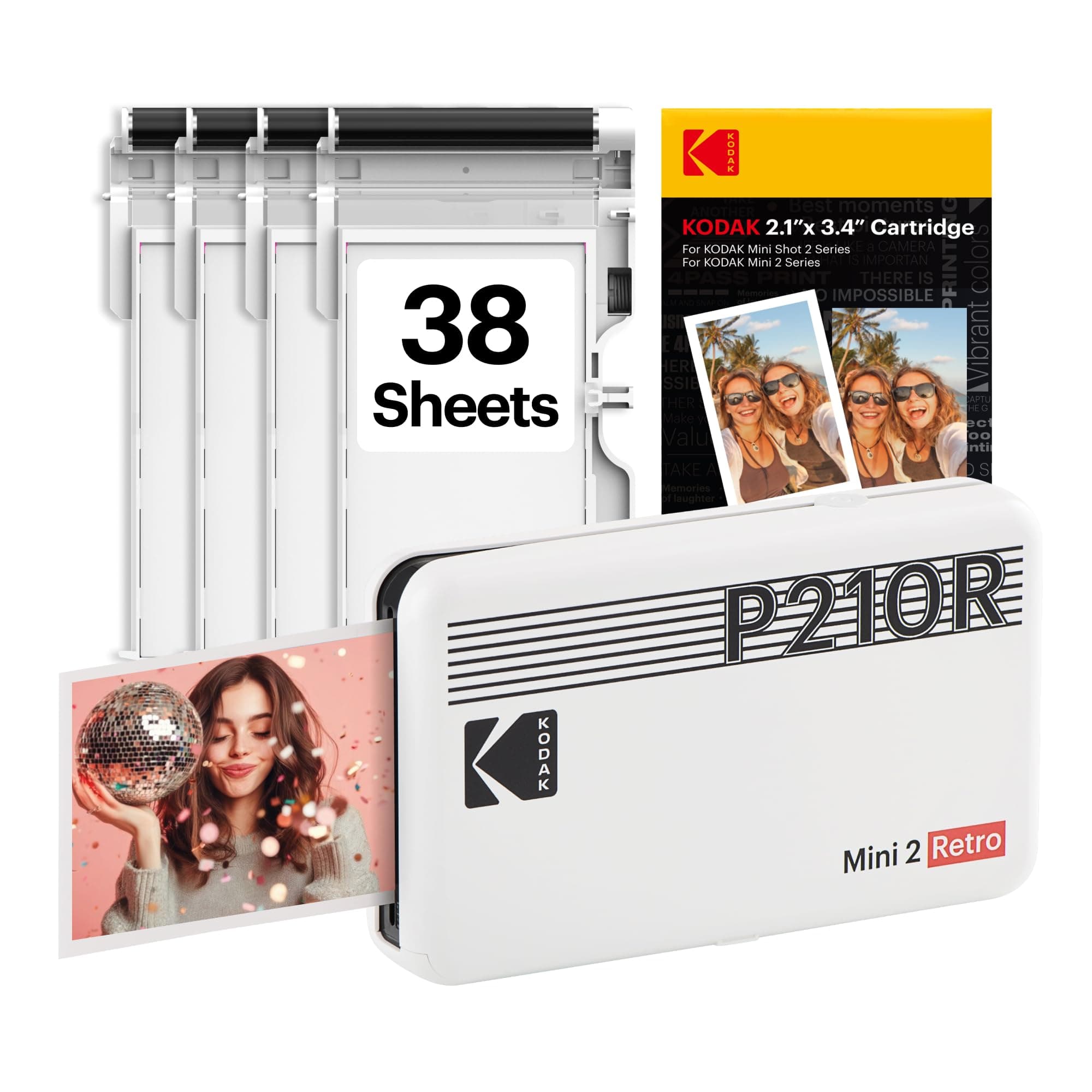 KODAK Mini 2 Retro 2x3 Portable Photo Printer, 38 Sheets, Bluetooth Smartphone Printer for iPhone & Android, Instant Color Prints, 4PASS Dye Sublimation, White