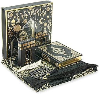 ihvan online Prayer Gift Set for Hajj and Umrah, Muslim Prayer Rug, Prayer Mat, Beads Taasbih, Holy Quran Translated English, Janamaz Salah Mat, Islamic Gift Set for Ramadan & Eid, Black