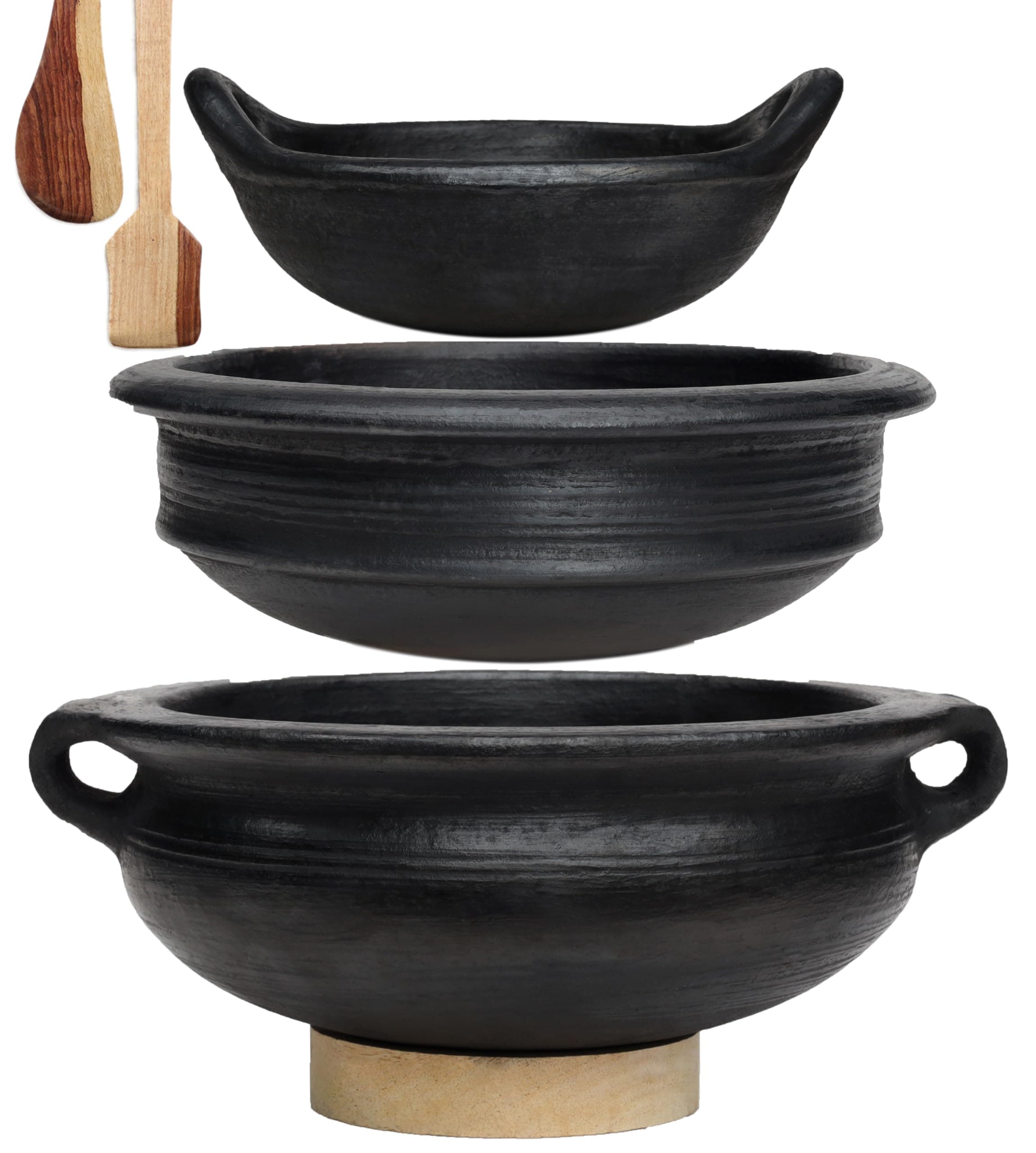 Deep Burned Clay Handi/Pot and Kadai for Cooking and serving Combo 1, 2 & 3 Liter