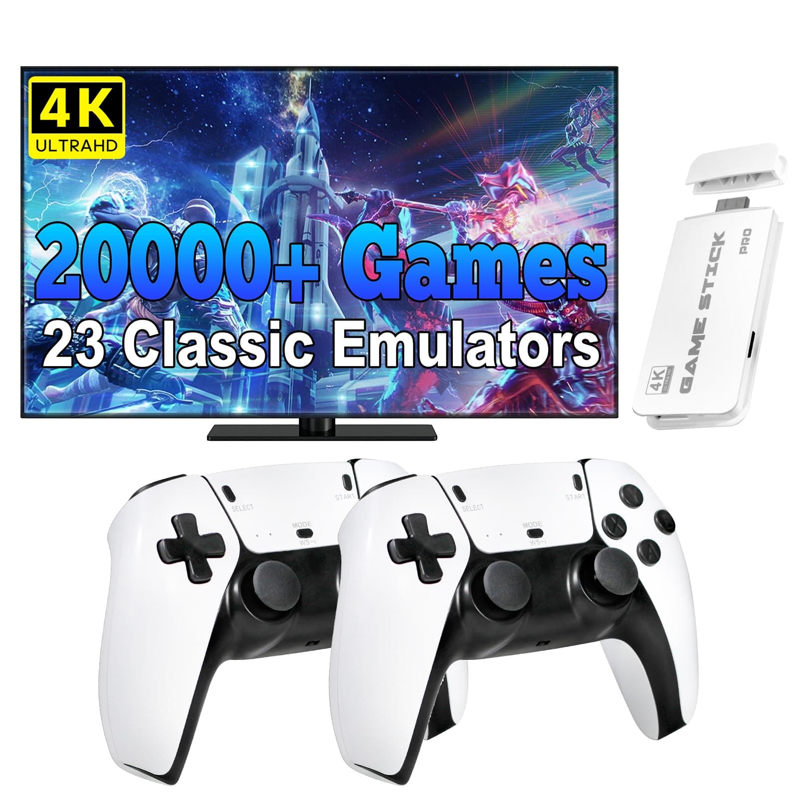 Retro Gaming Console, 20,000+ Retro Game Stick, 23 Emulators, 4K HD HDMI TV Game Stick, Includes 2 Wireless 2.4GHz Controllers,Plug & Play Video Games for TV(64GB)