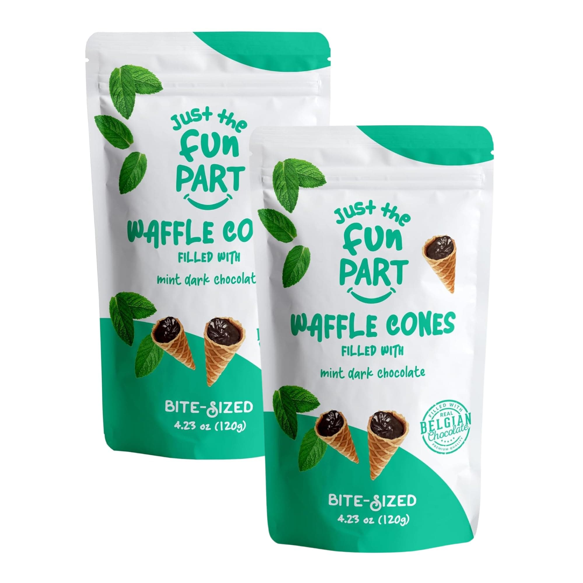 Just The Fun Part | Bite-Size Crispy Mini Waffle Cones | Filled With Premium Belgian Chocolate | Great For Snacks, Desserts, Grab & Go | Kosher | 4.23 Ounce (Pack of 2, Mint, Dark Chocolate)