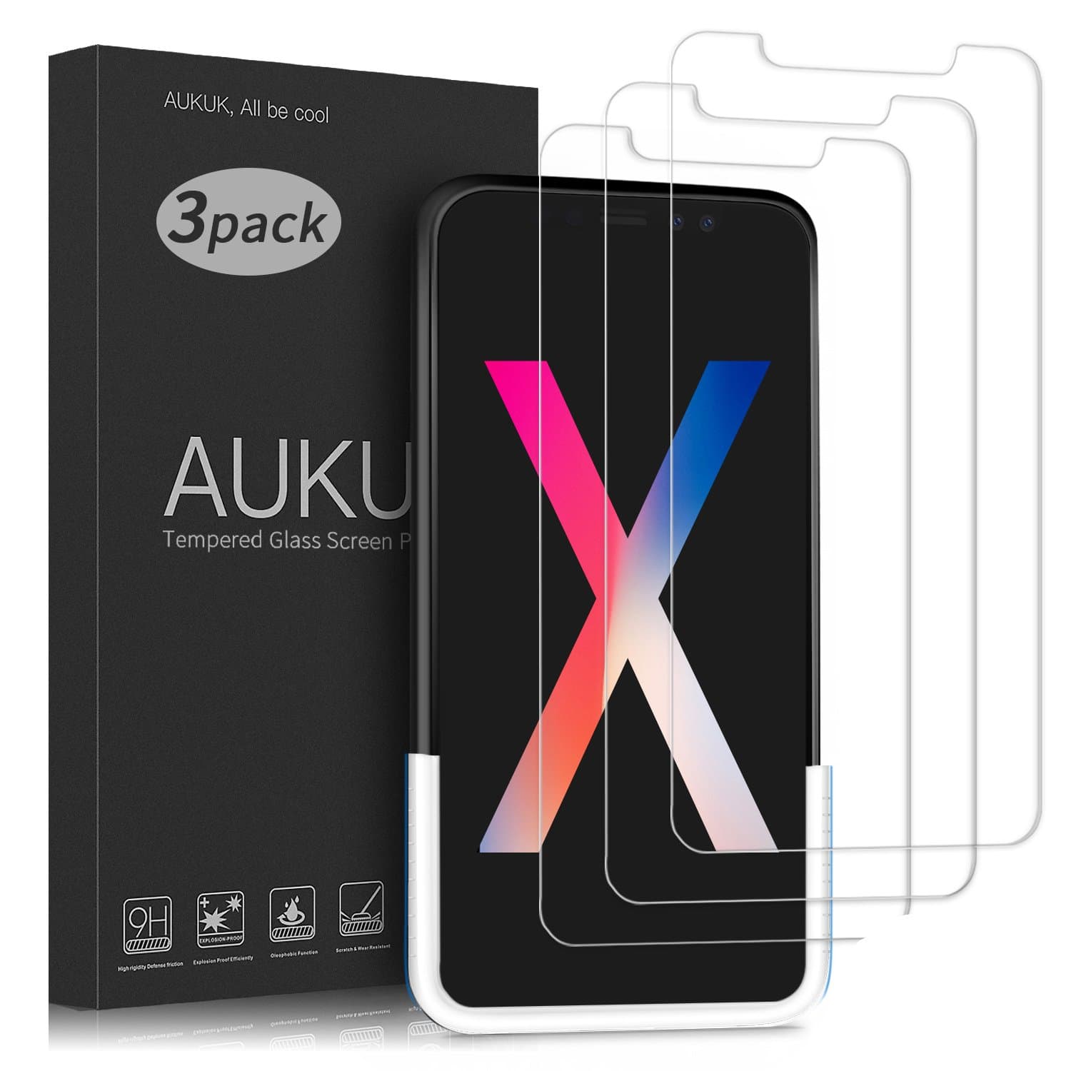 AUKUK iPhone X Screen Protector Tempered Glass [3 Pack] 9H Hardness with Easy Installation Tray Case Friendly Clear for Apple iPhone X / iPhone 10
