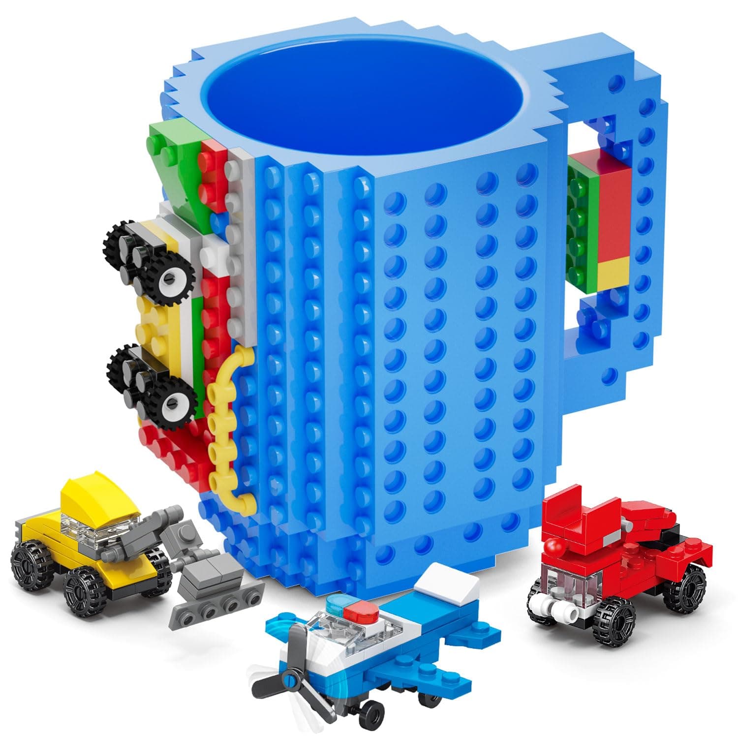 DAYMOO Build-on Brick Mug Set with 3 Random Packs of 2-in-1 Bricks, Cool Coffee Mugs for Kids, Creative Novelty Funny Coffee Mug Cup Gift for Kids Men Dad Adults Women Xmas Christmas - Blue