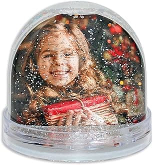 Snow Globe, Photo Frame Glitter Globe Ornament Dome holds 2 x 62 x 70 mm photos, Clear Base, Glitter (Silver) - Ideal Personalised Gifts, Father's Day Presents