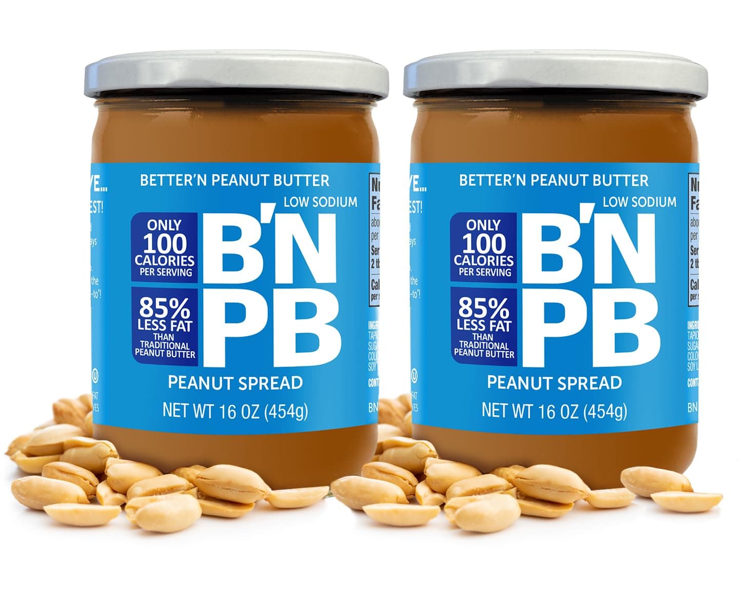 Low Fat and Low-Sodium Peanut Butter Spread by Better’n Peanut Butter, Creamy Low-Calorie Peanut Spread with No Saturated Fat, Gluten Free, Dairy Free, Non GMO, Kosher, Pack of 2, 16 oz. Glass Jars