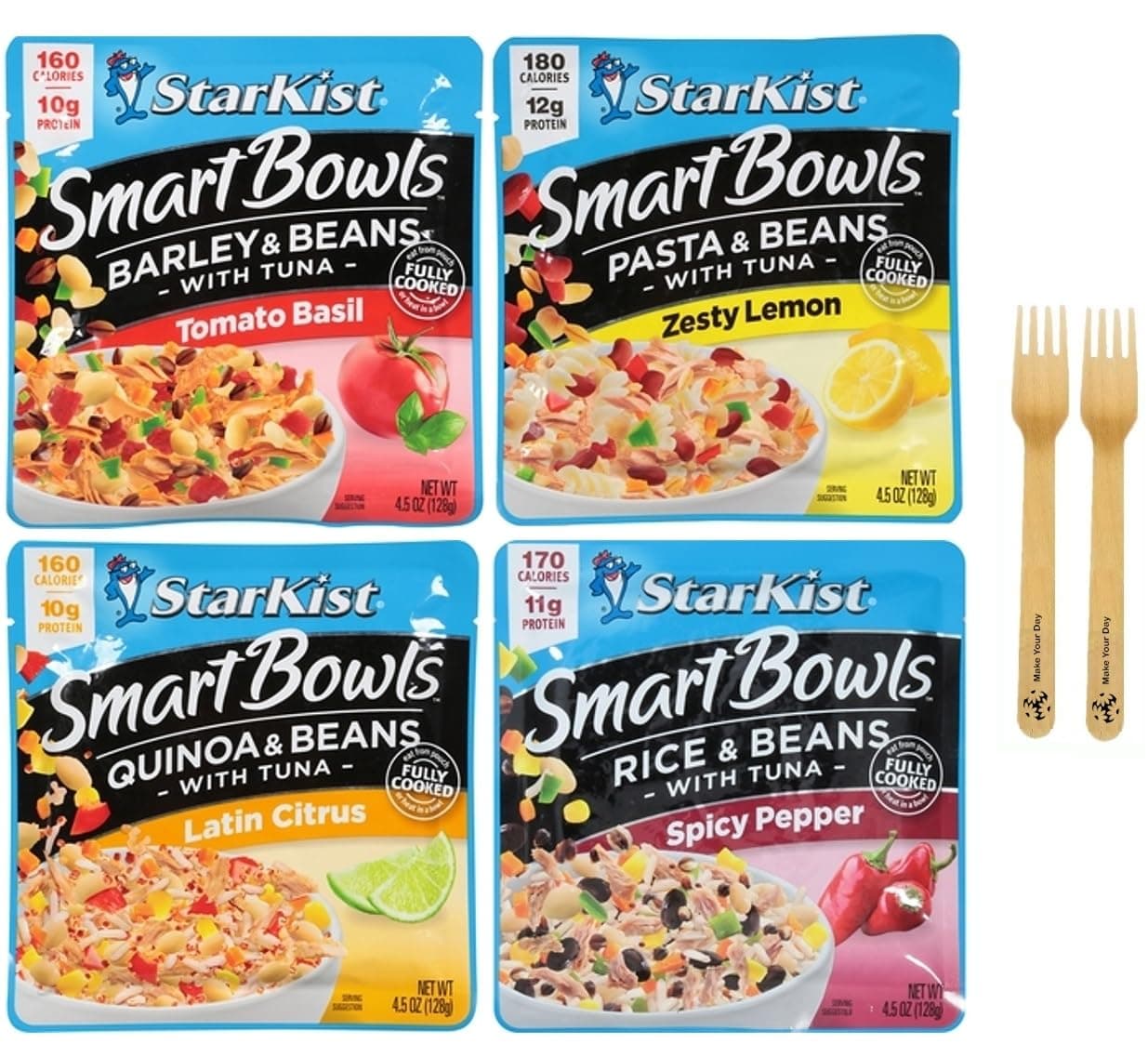 Starkist Tuna Bowls, Fully Cooked, Bundle with Tomato Basil Barley & Beans, Zesty Lemon Quinoa & Beans, Spicy Pepper Rice & Beans, and Latin Citus Herb Quinoa & Beans, 4.5 Ounce (Pack of 4) - Bundled with Make Your Day Sporks