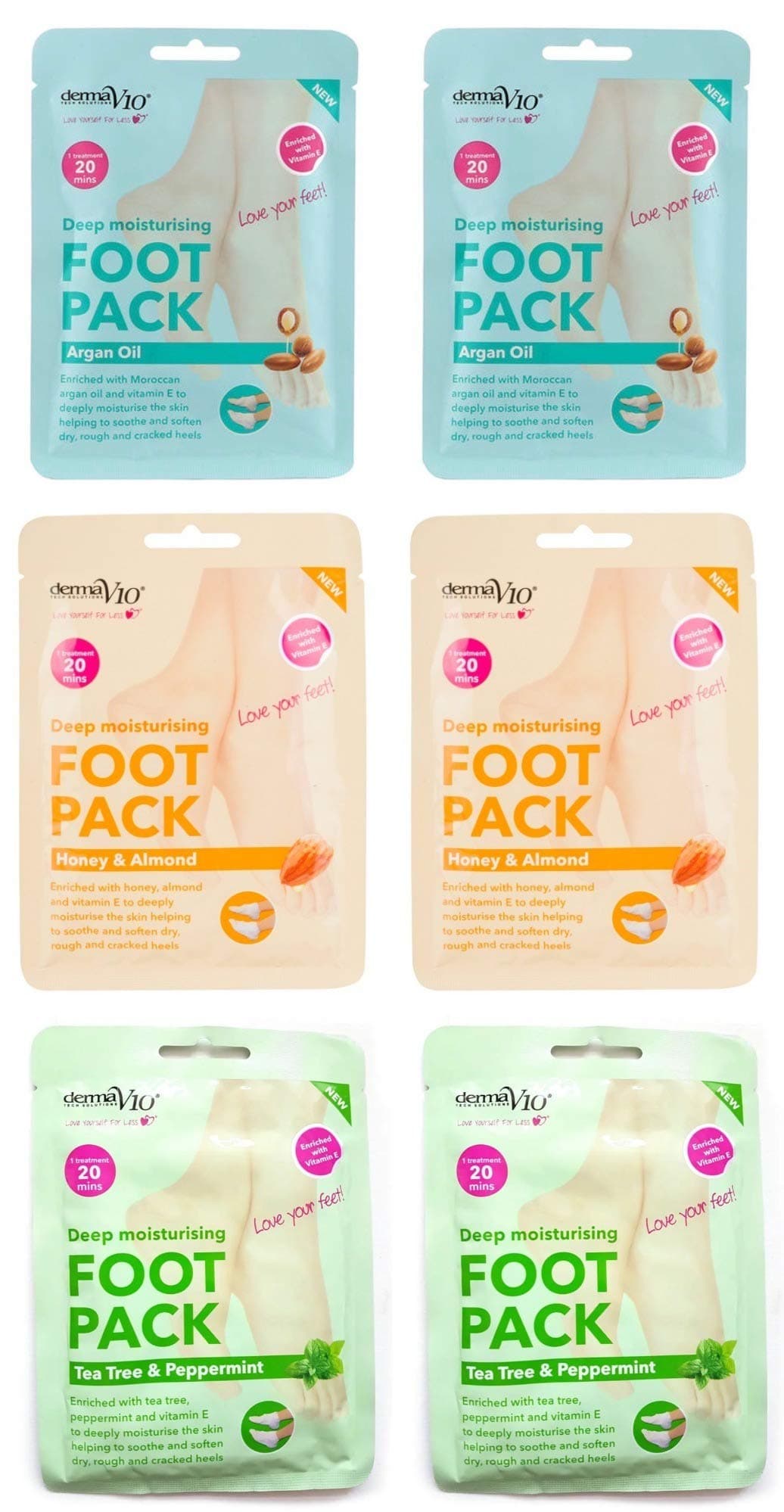 Foot Pack Mask (6 Pack) Deep Moisturising (Tea Tree & Peppermint, Honey & Almond, Argan Oil)