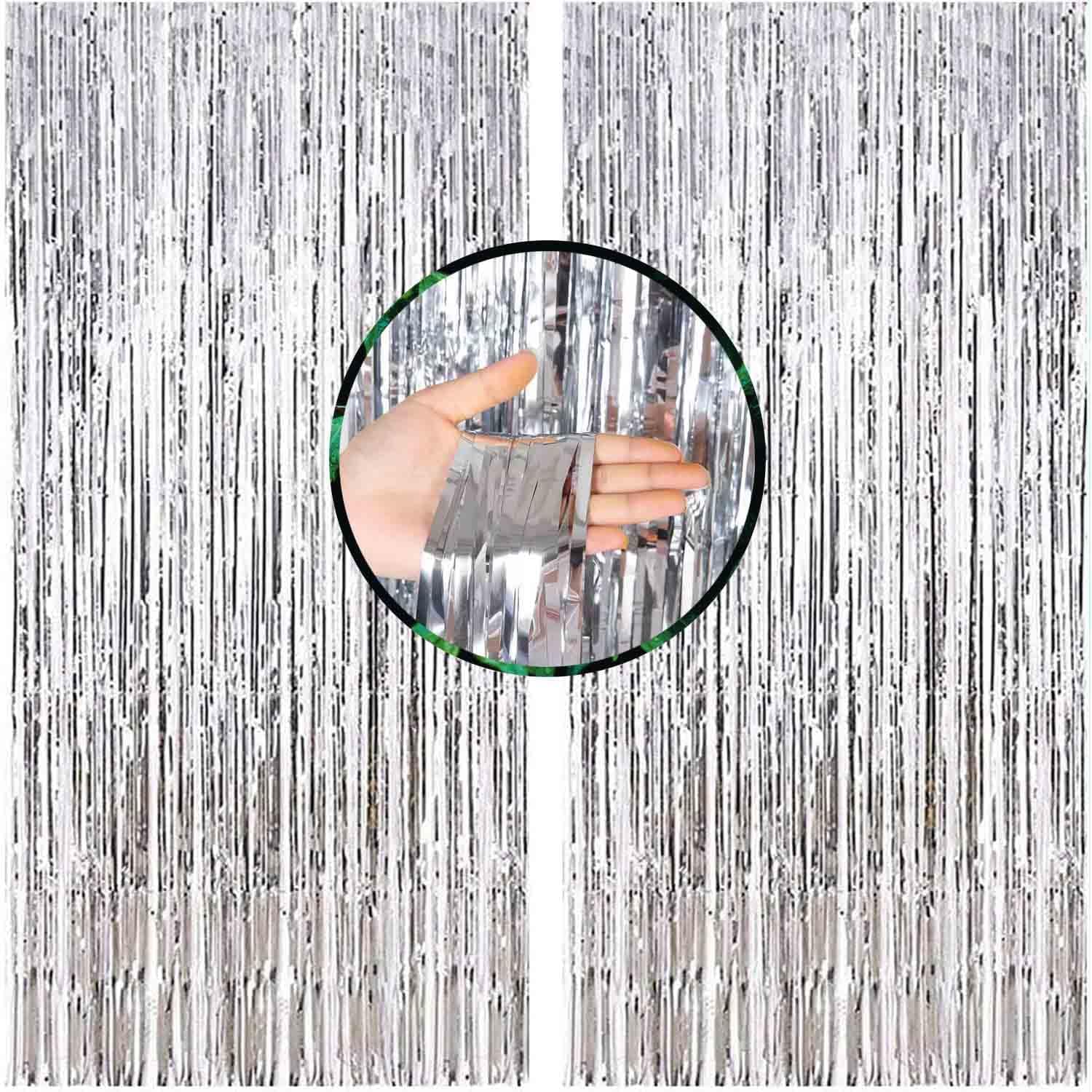Silver Metallic Tinsel Foil Fringe Curtains Backdrop 3.2 ft x 8.2 ft -2Pcs Streamers Backdrops for Pary Decorations