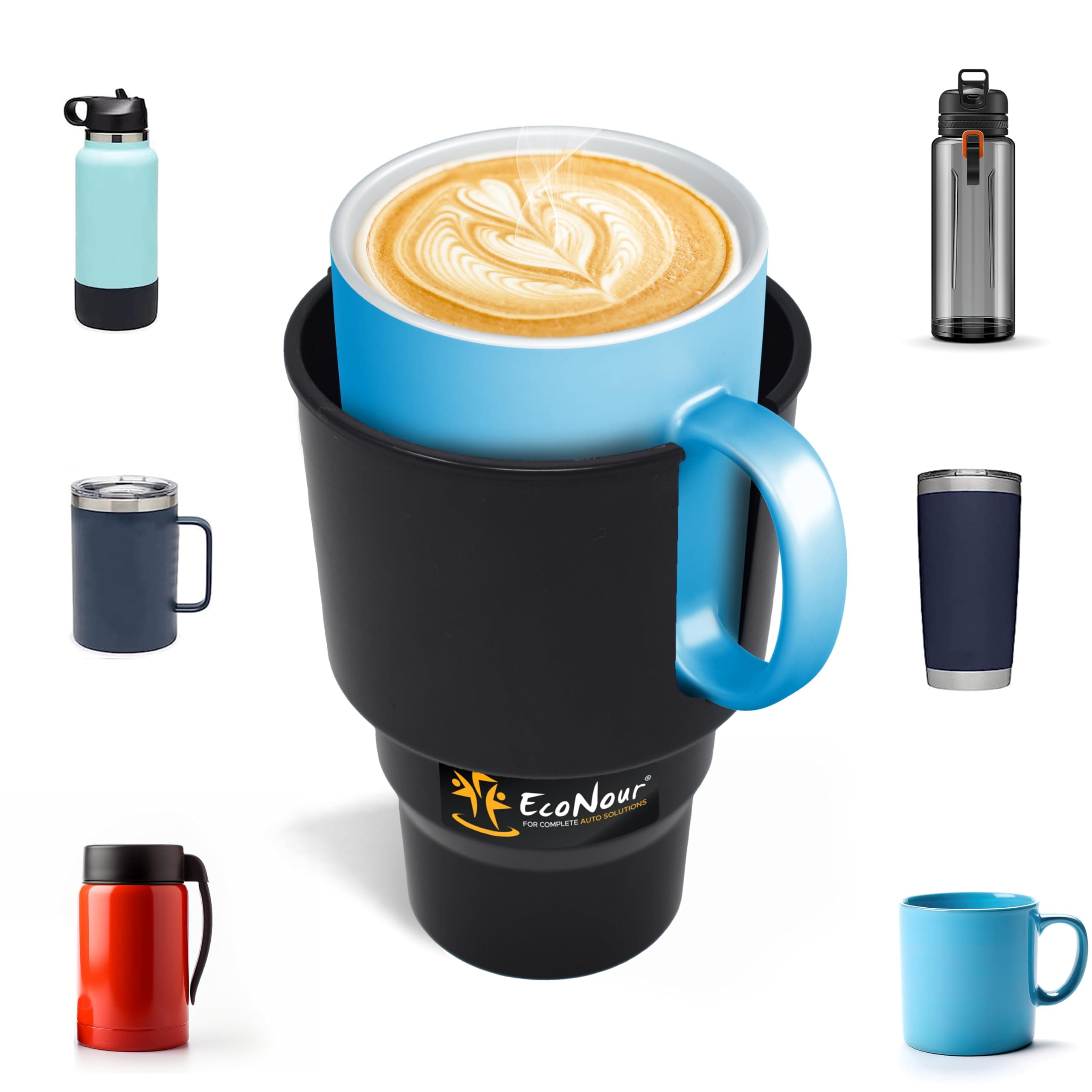 EcoNour Car Cup Holder Expander | Fits 32/40 oz Hydro Flasks, Yeti, Nalgene & Large Bottles up to 3.8" | Universal Cup Adapter for Cars with 3.2" Holders – Black