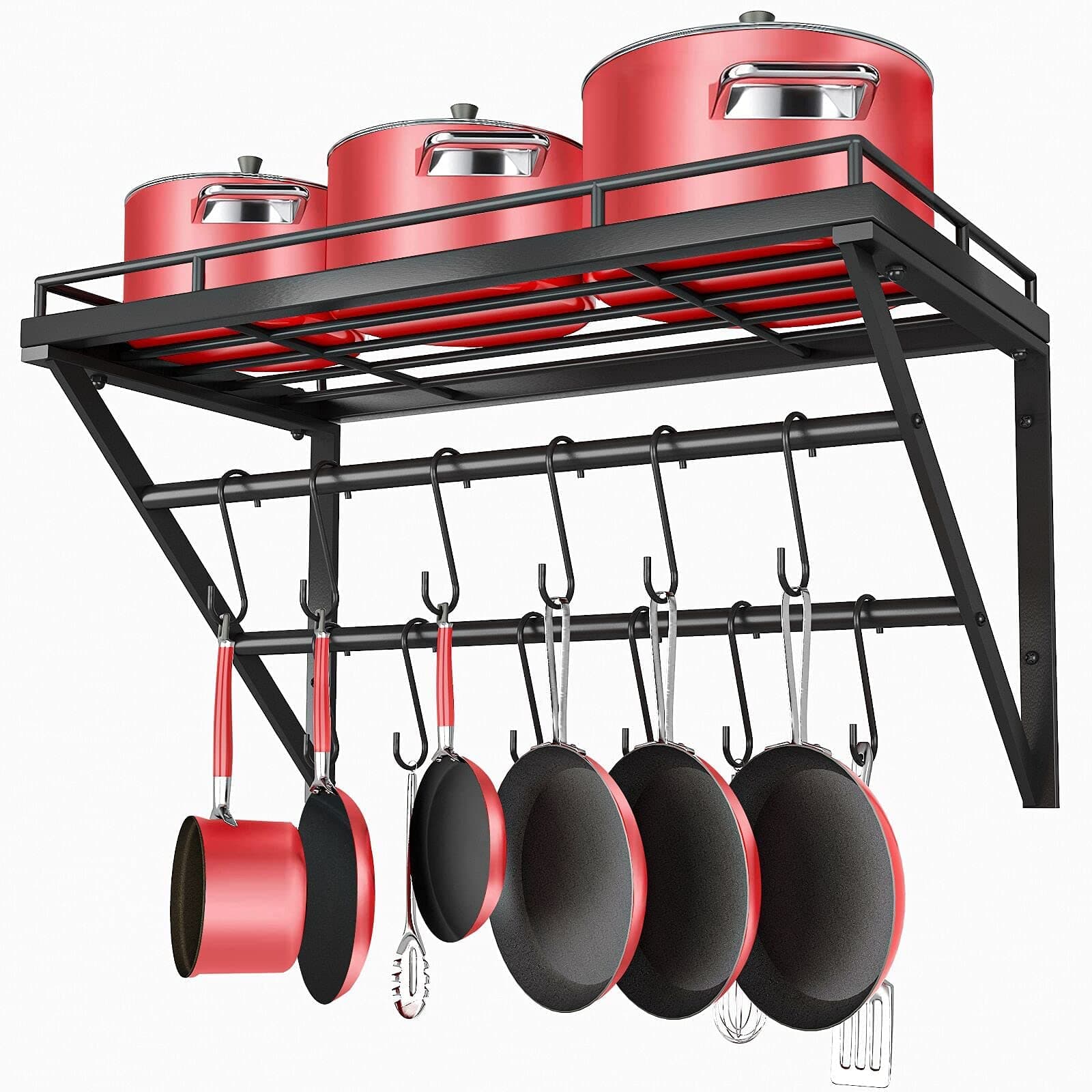 2-Tier Pot Rack Metal Wall Mount Kitchen Utensils Hanging Shelf with 12 Hooks