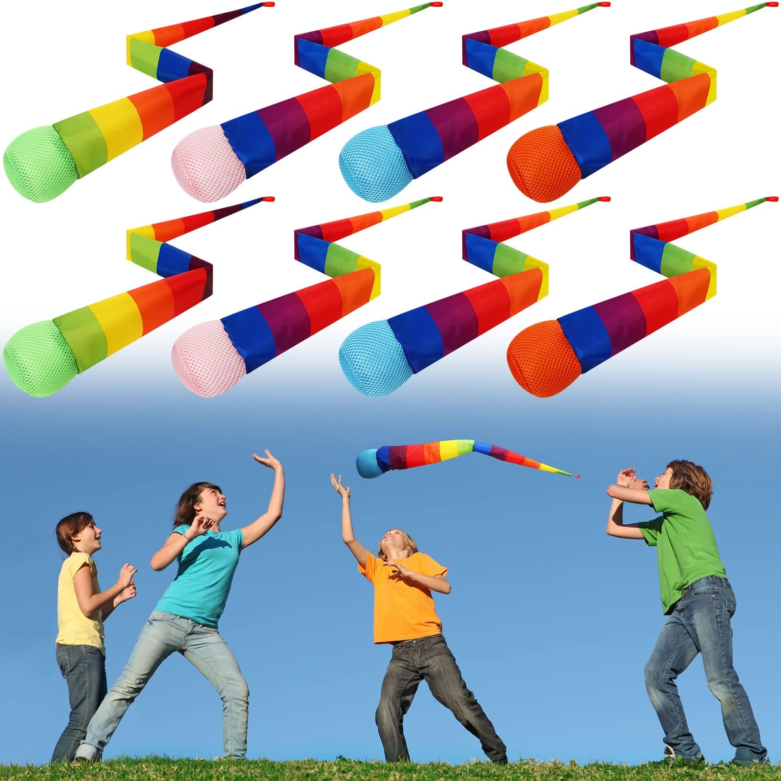 Leyndo 8 Pcs Throw and Catch Ball with Rainbow Tail, Soft Rainbow Play Ball, Sports Comet Balls Playground Toys Bulk for Indoor Outdoor Games and Activities Fun Throwing School, 25.59 Inch Long