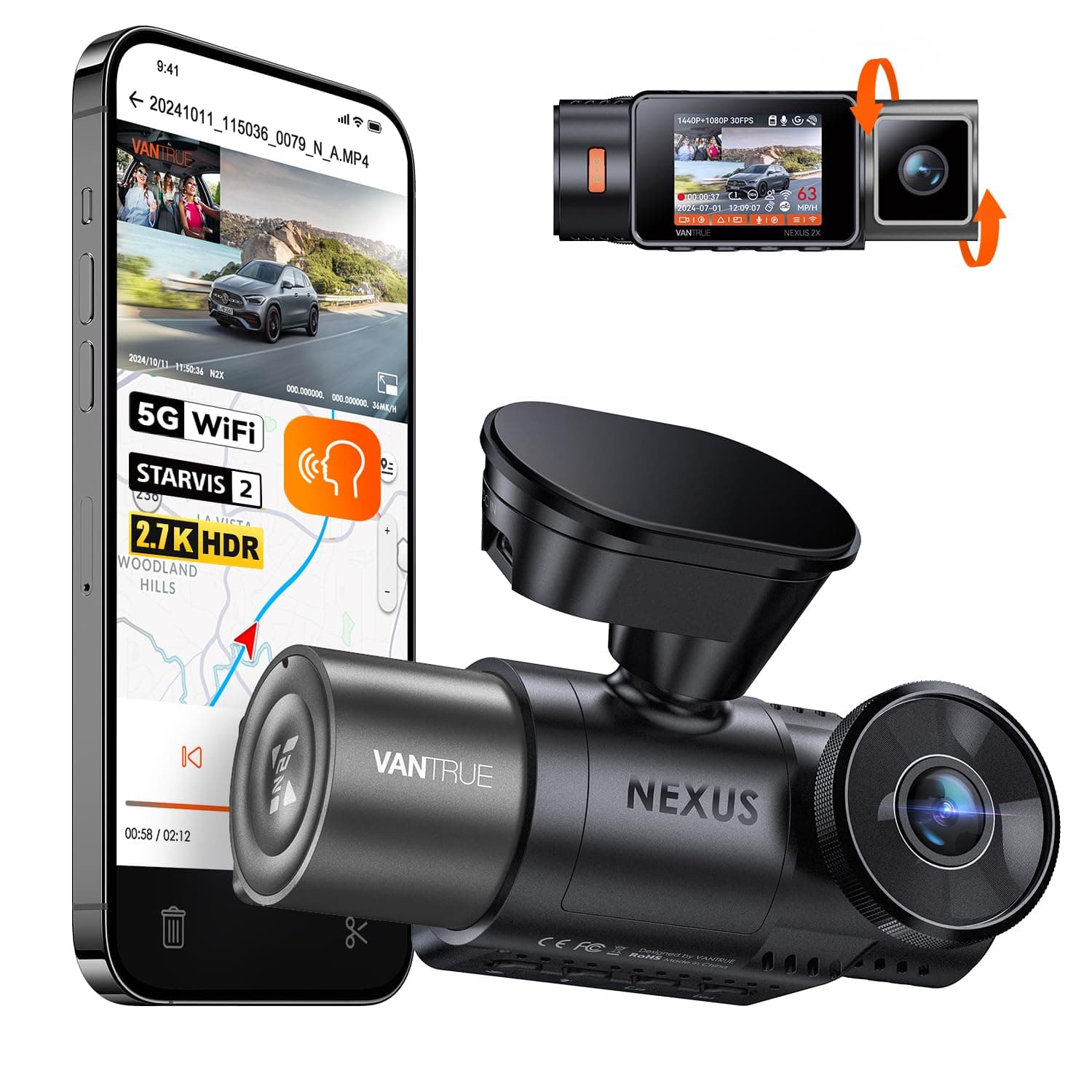 N2X 2.7K Dash Cam Front and Inside, 5G WiFi Dual Dash Camera for Car with HDR IR Night Vision, STARVIS 2, GPS, 2.5K/60FPS, G-Sensor, 24/7 Parking Mode, Voice Control, Support 512GB Max