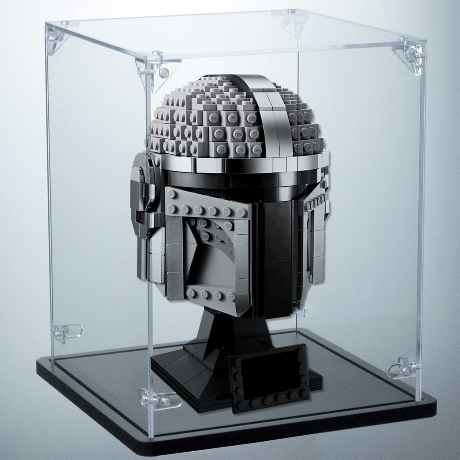 Acrylic Display Case for Lego Helmet - Interior 7*7*9 inches, 3MM Thick, Solid Wooden Base. Fit for 75328 75277 75327 75304 75276 75274 76165, Assemble Dustproof Display Box Showcase