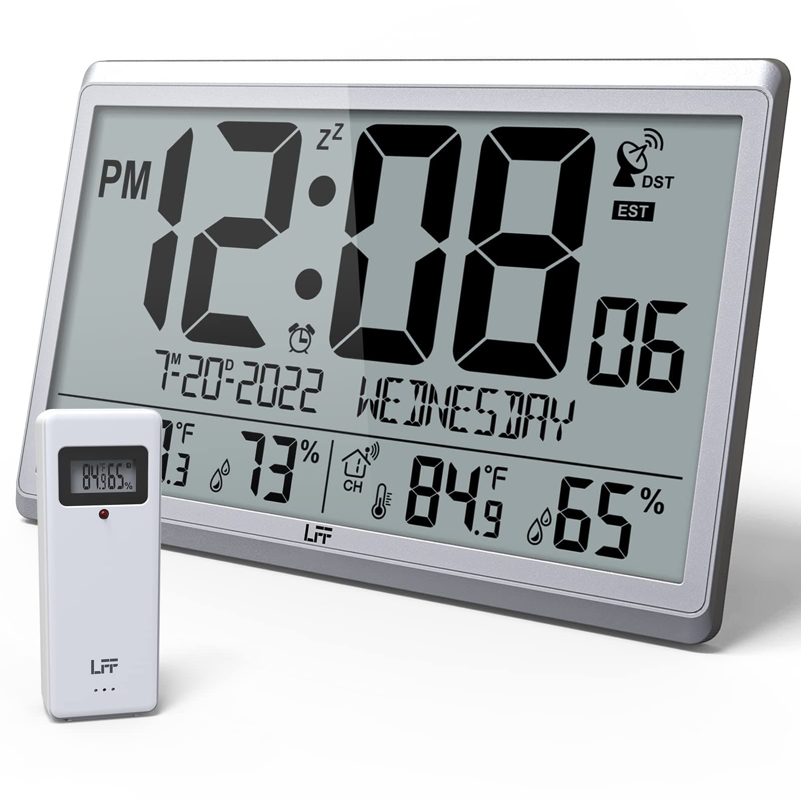 LFF Atomic Clock/Never Needs Setting, Digital Wall Clock with Indoor Outdoor Temperature & Humidity, Battery Operated, Wireless Outdoor Sensor, Atomic Wall Clock with 4.5" Numbers Easy-to-Read