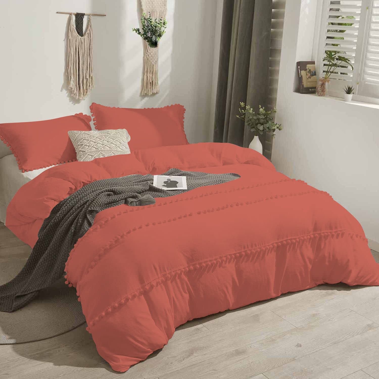 3 Piece Boho Chic Pom Pom Comforter, All Season Down Alternative Bedding Comforter with 2 Pillow Shams (Super King Size, Brick Red) 1000 Thread Count | 550 GSM Filling