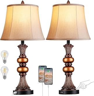 Set of 2 Touch Control Traditional Table Lamp, 27"H Bedside Lamps with 2 USB Charging Ports, 3-Way Dimmable Bronze Finish Large Nightstand Lamps with Bell Faux Silk Shade for Living Room, Bedroom