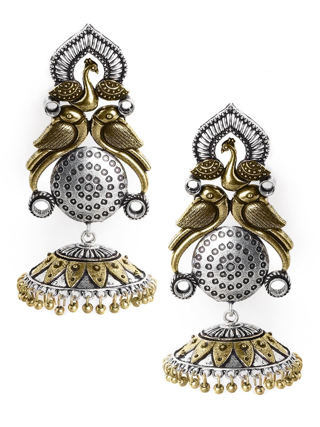 Silver-Plated Gold-Toned Handcrafted Oxidised Peacock Shaped Jhumkas