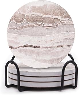 Absorbent Coaster Sets of 4, Drink Coasters with Holder, Marble Style Ceramic Drink Coaster for Tabletop Protection, Suitable for Kinds of Cups, Wooden Table, Cool Home Decor, 4 Inches