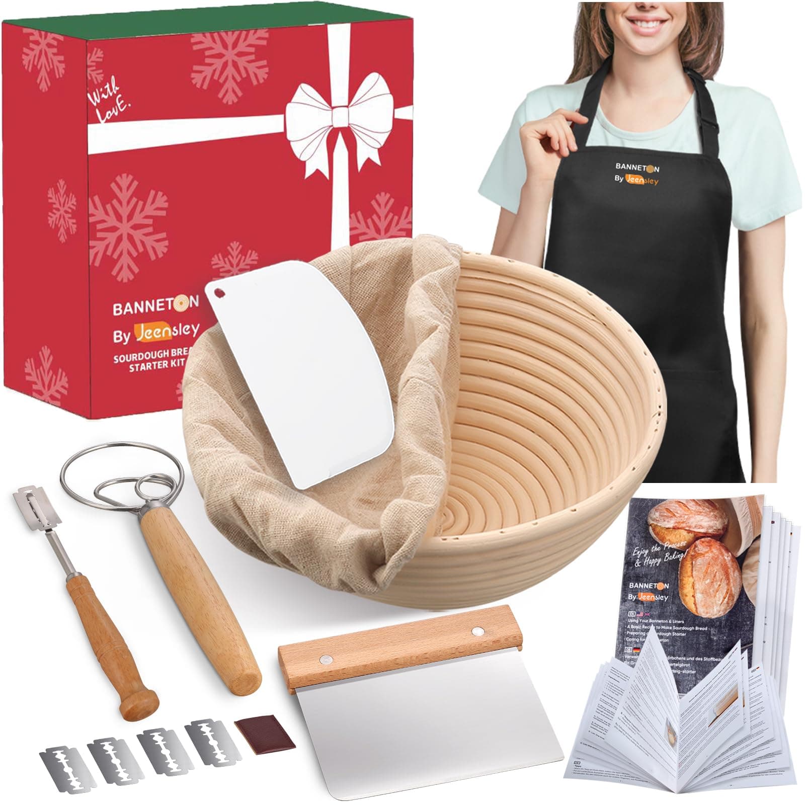 Boxed Sourdough Starter Kit with Apron Round Bread Proofing Basket Banneton with Liner and Bread Making Tools Handmade from Quality Natural Indonesian Rattan Bread Making Accessories