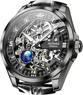 Skeleton Mens Automatic Watches Mechanical Luxury Dress Leather Self Winding Waterproof 50M/5ATM Luminous Watches for Men