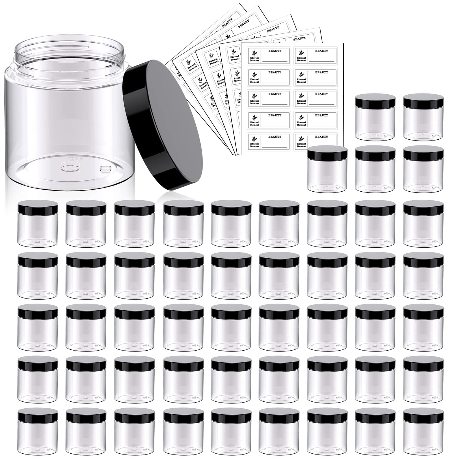 Eternal Moment 50 Pack 2 OZ Plastic Jars Round Clear Cosmetic Container Jars with Lids, Plastic Slime Jars for Lotion, Cream, Ointments, Makeup, Eye shadow, Rhinestone, Samples, Pot, Travel Storage