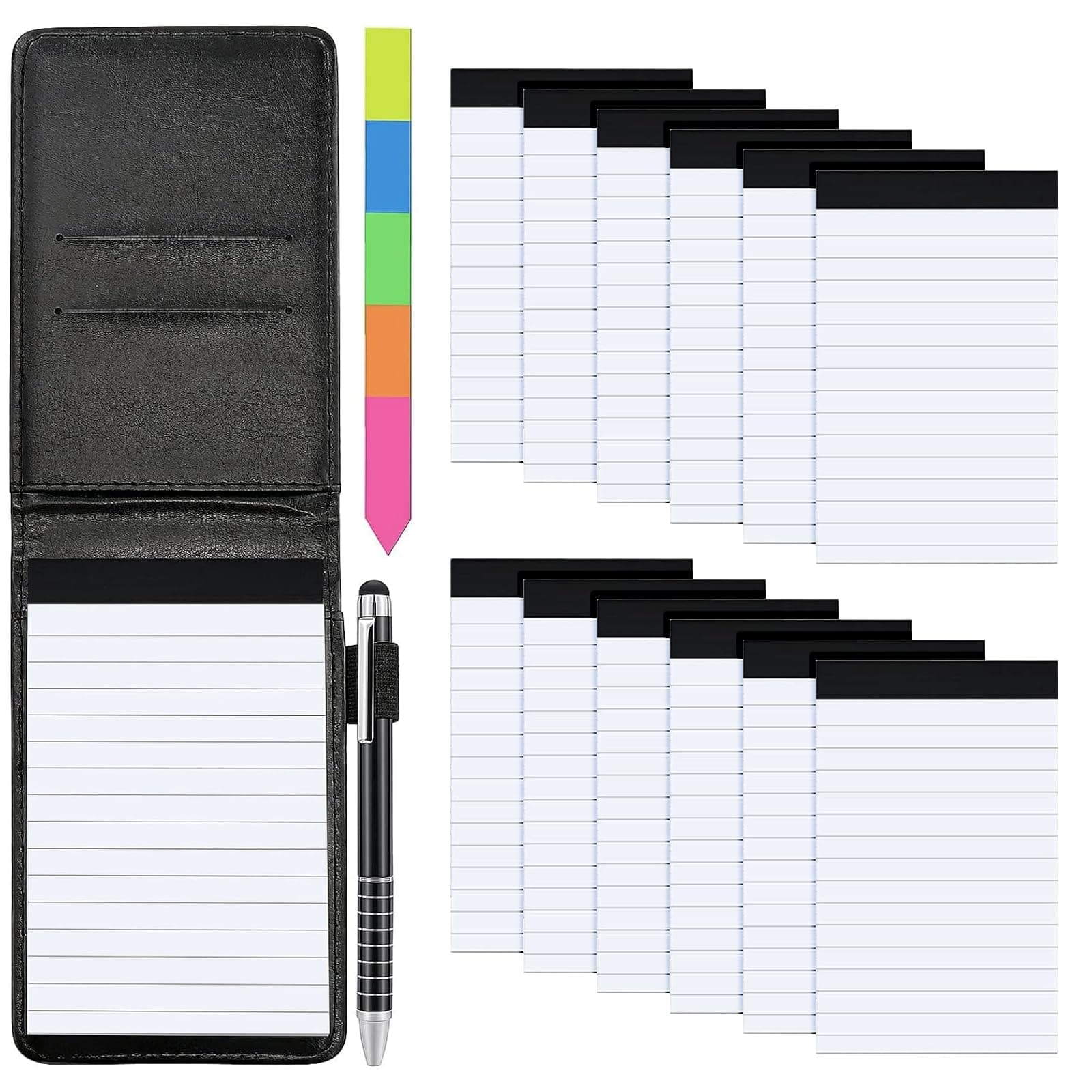 Meetory 15 Pcs Small Pocket Notebook Mini Notepad Set, Included A7 Pu Leather Notebook Pen Holder with 50 Lined Sheets, 12 Notepad Memo Book Refills with 30 Lined Paper, Metal Pen And Index Tag(Black)