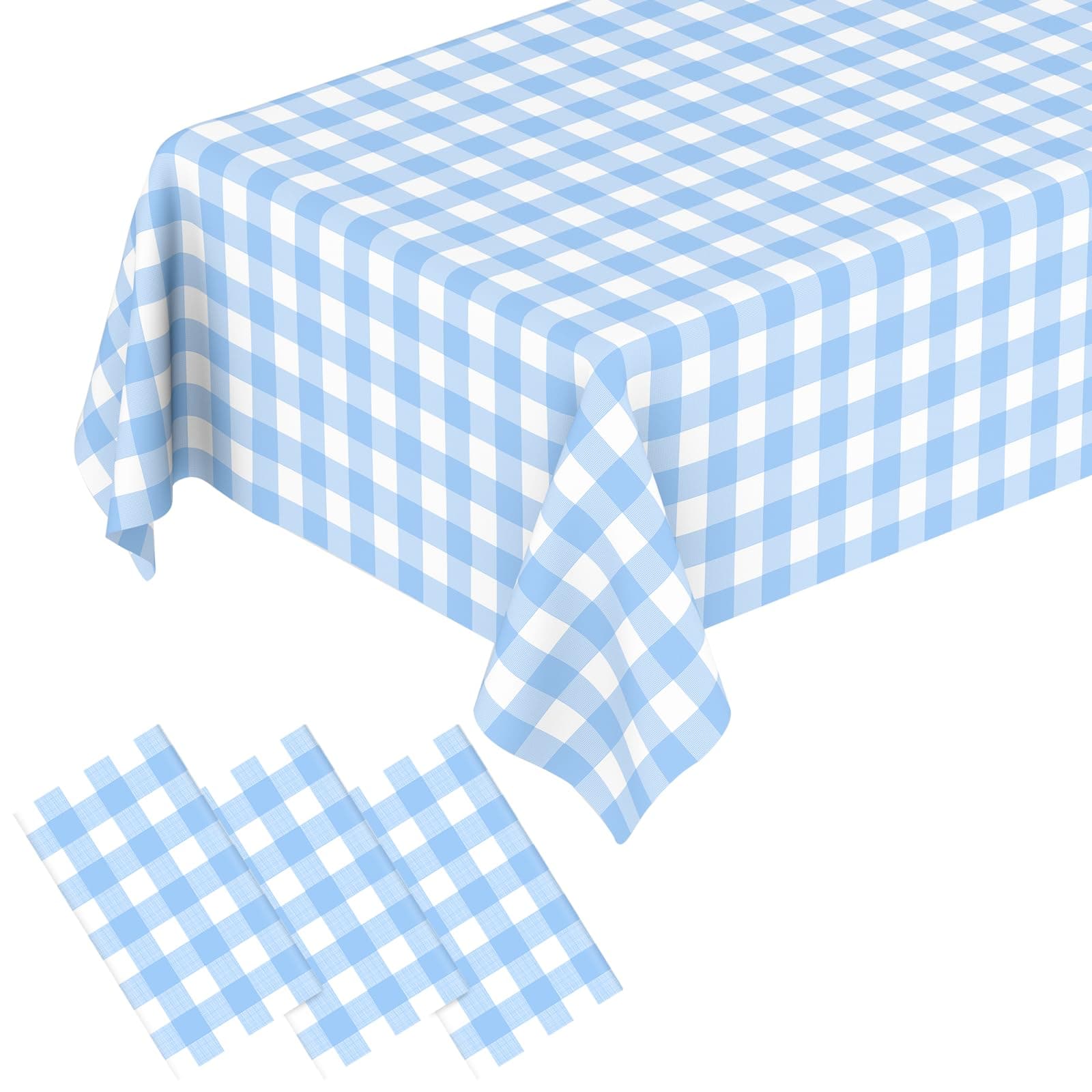 3 Pcs Light Blue Gingham Tablecloth Blue Disposable Plastic Checkered Table Cloths for Parties Disposable, Waterproof Rectangular Blue Table Cover for Camping, Birthday, Party, Picnic 54 × 108 Inch