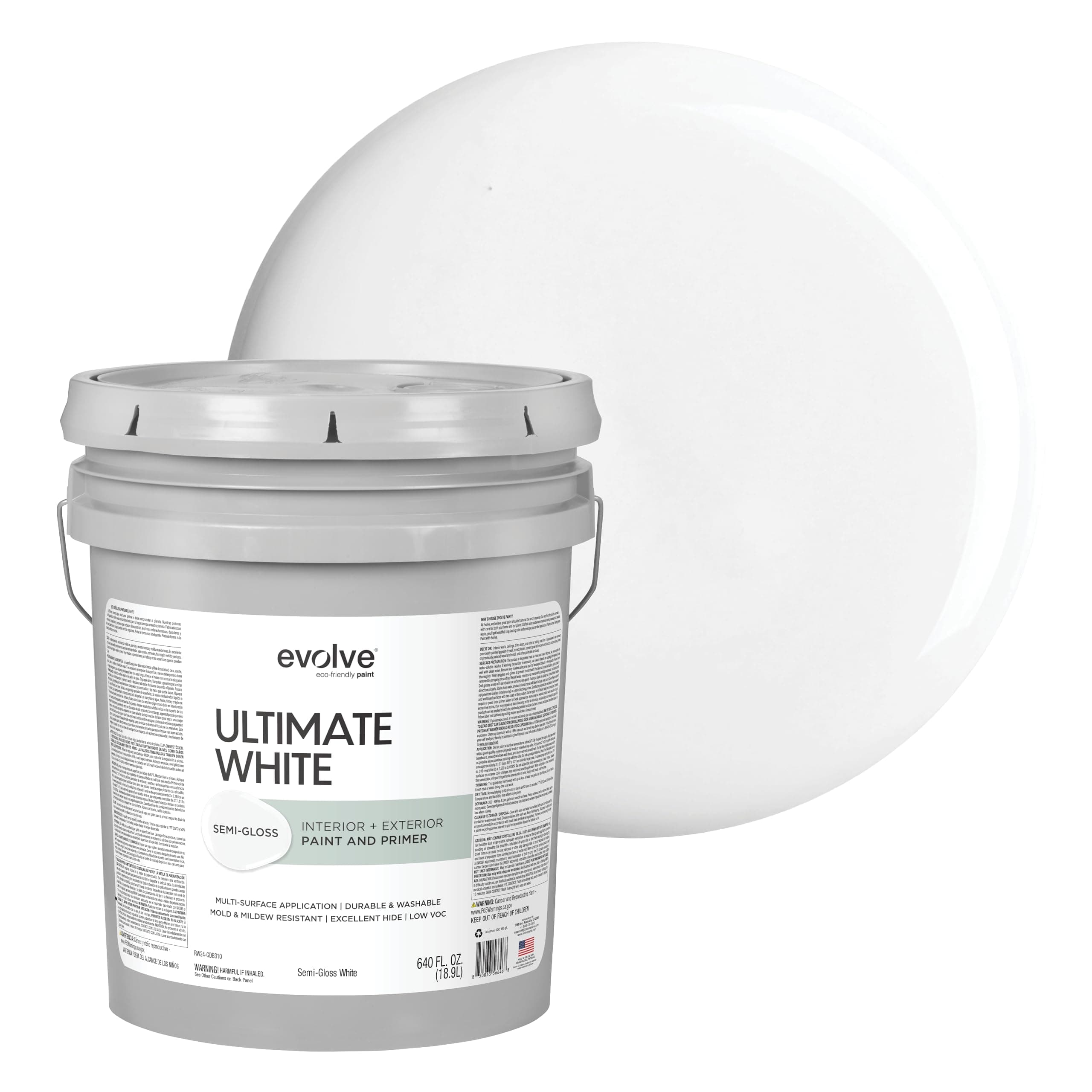 Ultimate White Paint & Primer in One, Semi-Gloss White, 5 Gallon – Interior & Exterior, One-Coat Coverage, Excellent Hide, Low Odor, Low VOC, Washable Paint for Walls, Ceilings & Trim