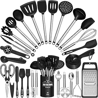 Umite Chef Kitchen Utensils Set- 34 Pcs Silicone Cooking Utensils Set for Nonstick Cookware-Silicone Spatulas Set, Stainless Steel Handle-Black Kitchen Gadgets Tools, Pots and Pans Accessories
