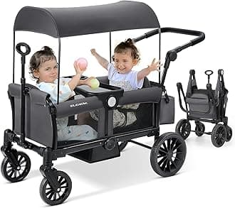 ELEMARA Stroller Wagon, 2 Seat Stroller for 2 Kids, Premium All Terrain Stroller for Kids w/Removable Canopy, Adjustable Push/Pull Handle, Large Storage Bag, Gray