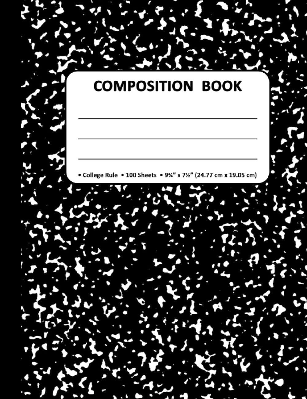 Composition Book: College Ruled Composition Notebook, 100 sheets /200 Pages, 9 ¾” x 7 ½” 90gsm Paper - Black Marble Cover