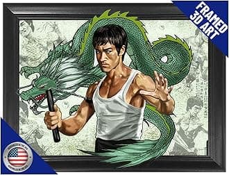 Bruce Little Dragon Lee 3D Poster Wall Art Decor Framed Print | 14.5x18.5 | Green Dragon Posters & Pictures | Photo Memorabilia Gifts for Guys & Girls Bedroom