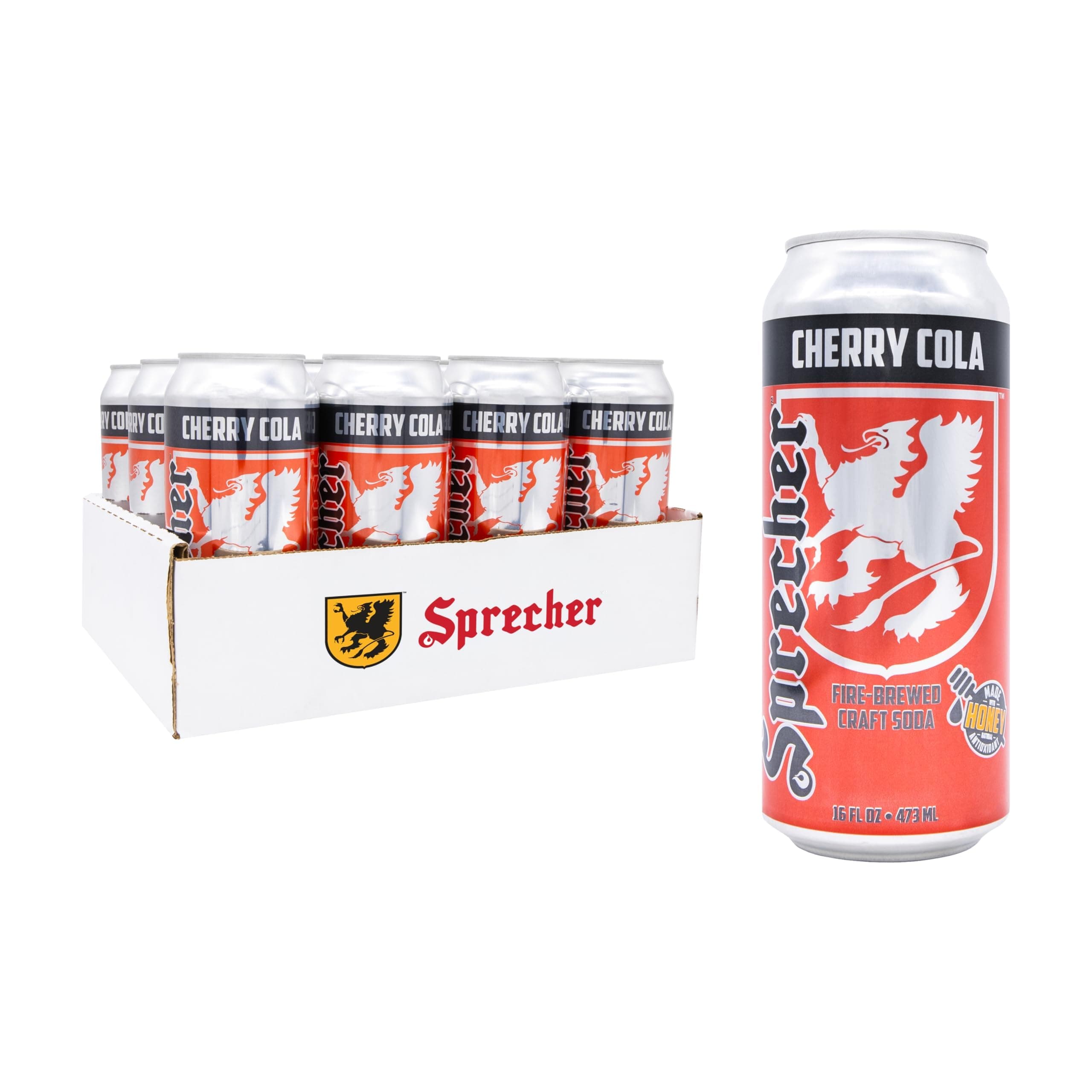 Cherry Cola in 16 fl oz Cans (12 Pack), Fire-Brewed Craft Soda with Real Honey & Door County Cherry Juice, Handcrafted Premium Cherry Soda, Caffeine-Free, Gourmet Beverage