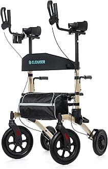 All-Terrain Upright Rollator Walker, Stand up Rolling Walker with Seat, 12” Non-Pneumatic Tire Wheels, Compact Folding Design for Seniors, Champagne
