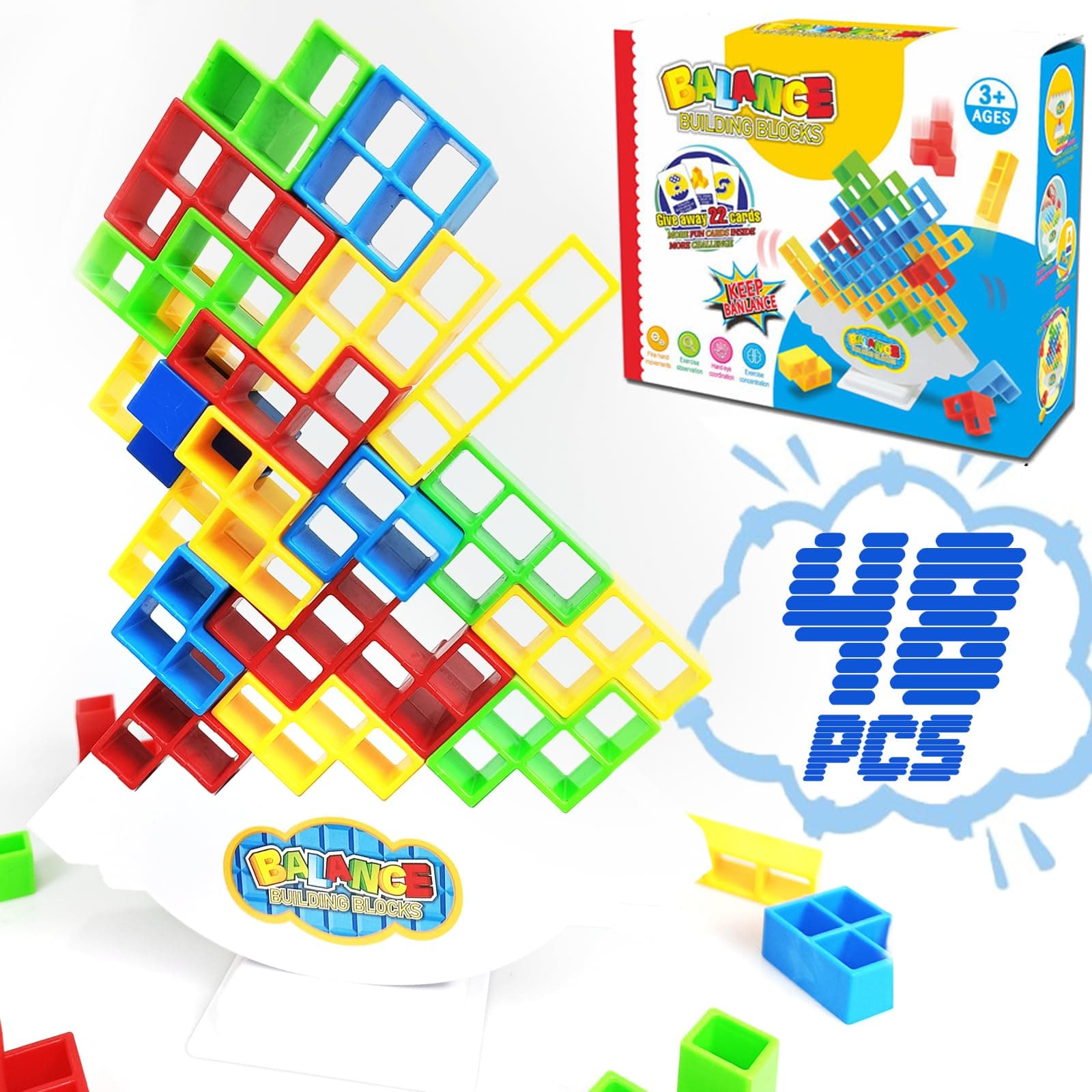 48pcs Tetra Tower Game, Balance Stacking Blocks Building Game, Fun Party Game for Family Game Night, Board Games to Spend Time Together for Kids, Teens, Adults