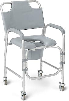 Medline Aluminum Padded Shower Chair Commode with 4 Locking Casters, 300 lbs. Capacity — For Restroom, Bathroom & Wheelchair Transfer to Toilet, 1 Ct.