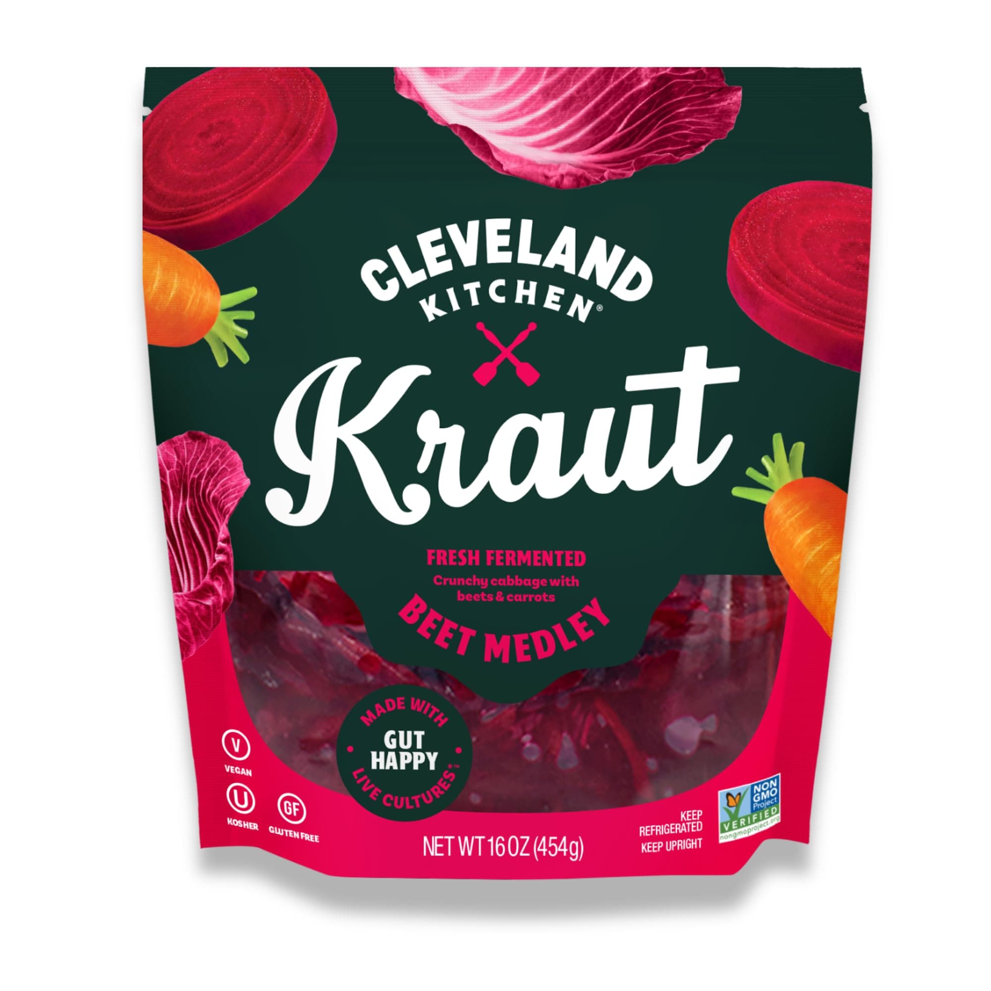 Cleveland Kitchen Beet Red Kraut - Lightly Fermented Vegetables, Fresh & Crunchy Sauerkraut with Beets and Carrots, Live & Natural Probiotics, 16 oz