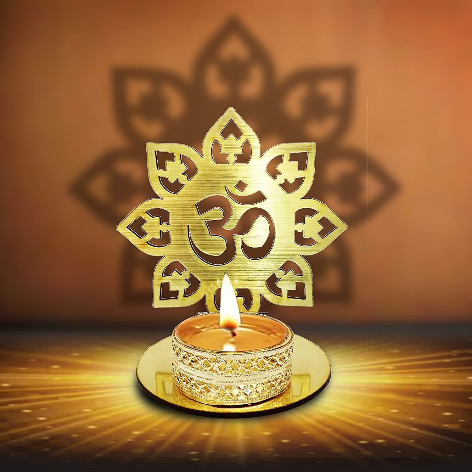 SATVIK Om Shape Shadow Diwali Shadow Diya, Deepawali Traditional Diya with Wax Tea Light/Tea Light Holder, Om Shape Diya