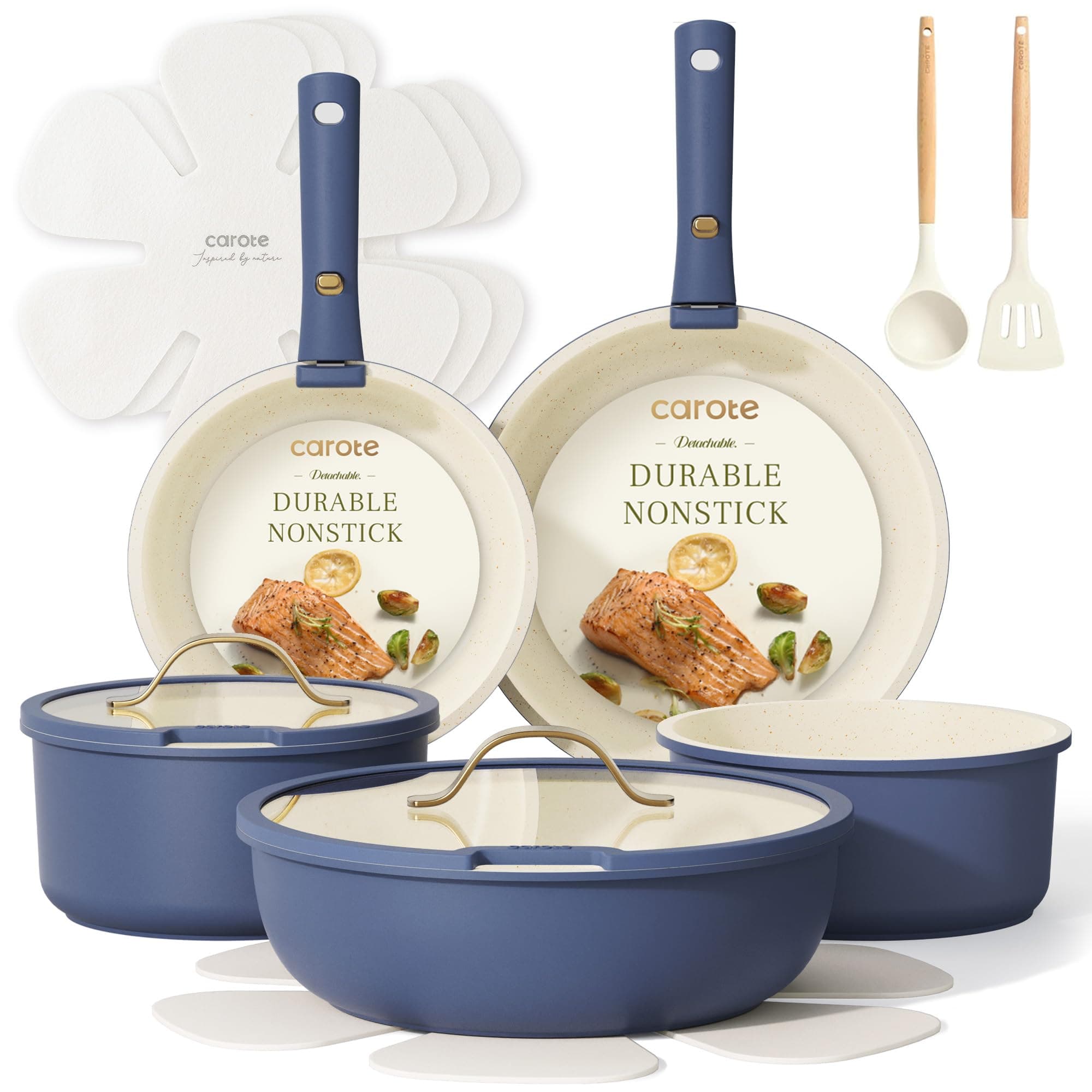 19pcs Pots and Pans Set, Nonstick Cookware Set Detachable Handle, Induction Kitchen Cookware Sets Non Stick with Removable Handle, RV Cookware Set, Gold and Blue