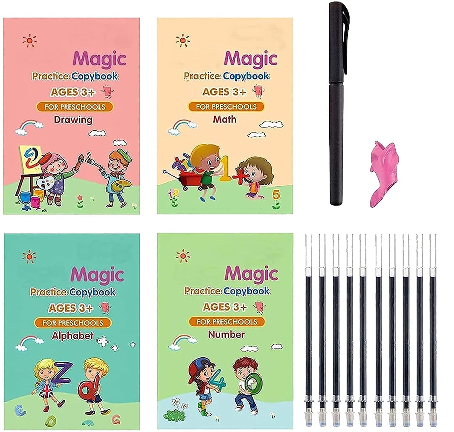 NOG Sank Magic Practice Copybook, 4 BOOK + 10 REFILL+ 1 pen + 1 grip Number Tracing Book for Preschoolers with Pen, Magic Calligraphy Copybook Set Practical Reusable Writing Tool Simple Hand Lettering