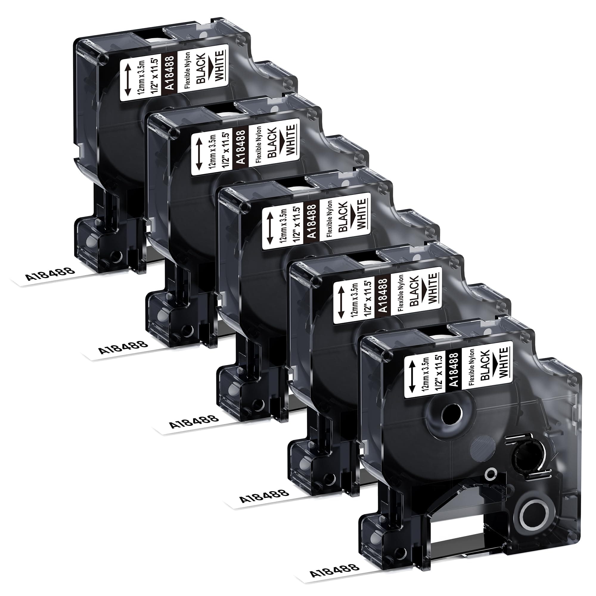 5-Pack Replacement for Dymo Rhino Flexible Nylon Labels 1/2" Rhino18488 Label Tape, Compatible with Dymo Rhino Pro LabelWriter Industrial Label Makers 4200 5200 6000, Black on White, 1/2" x 11.5'