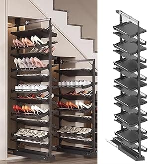Pull-Out Shoe Rack Organizer for Closet Shoe Cabinet,Adjustable Height Retractable Metal Stackable Shoe Rack, Vertical Shelf Organizer for Small Bedroom Closet, Space Saving Storage, Black(48cm,15 Tie